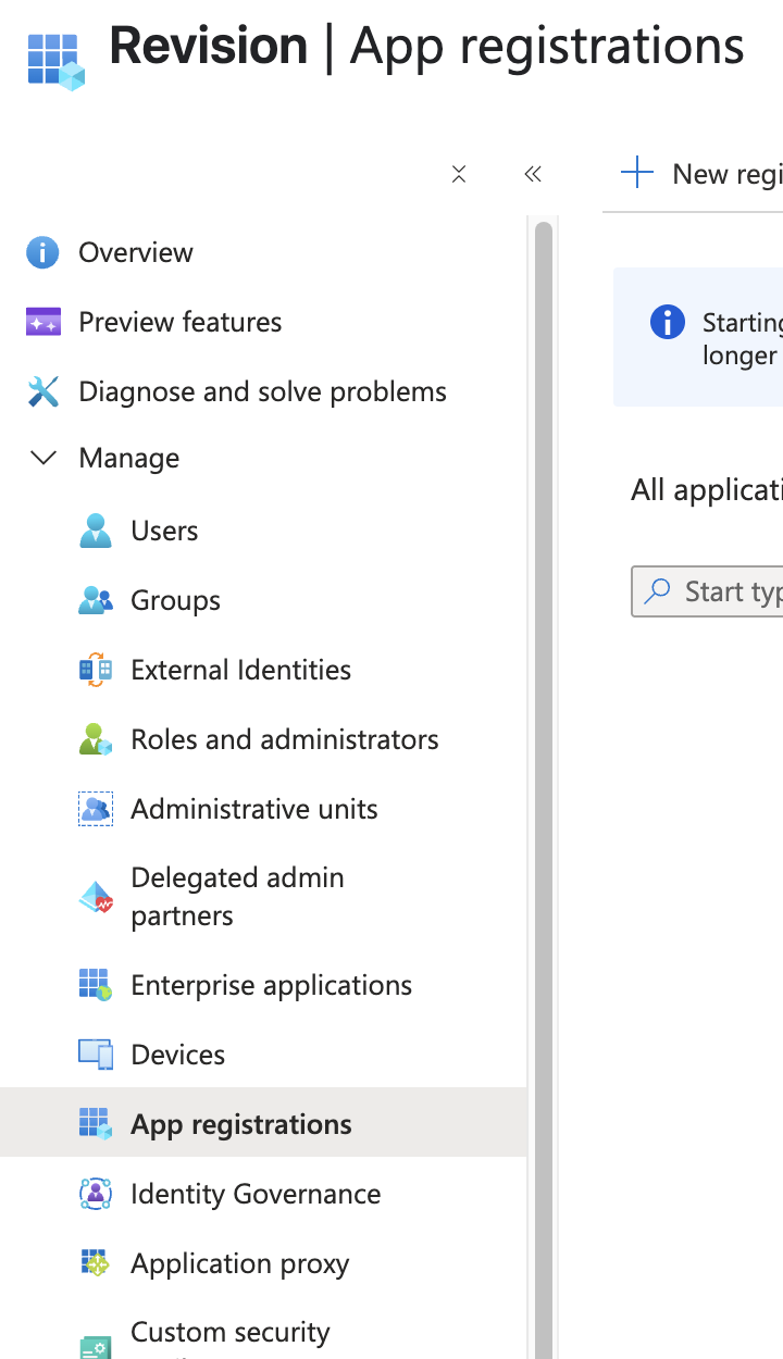 Azure Entra ID, App Registrations interface showing the navigation menu