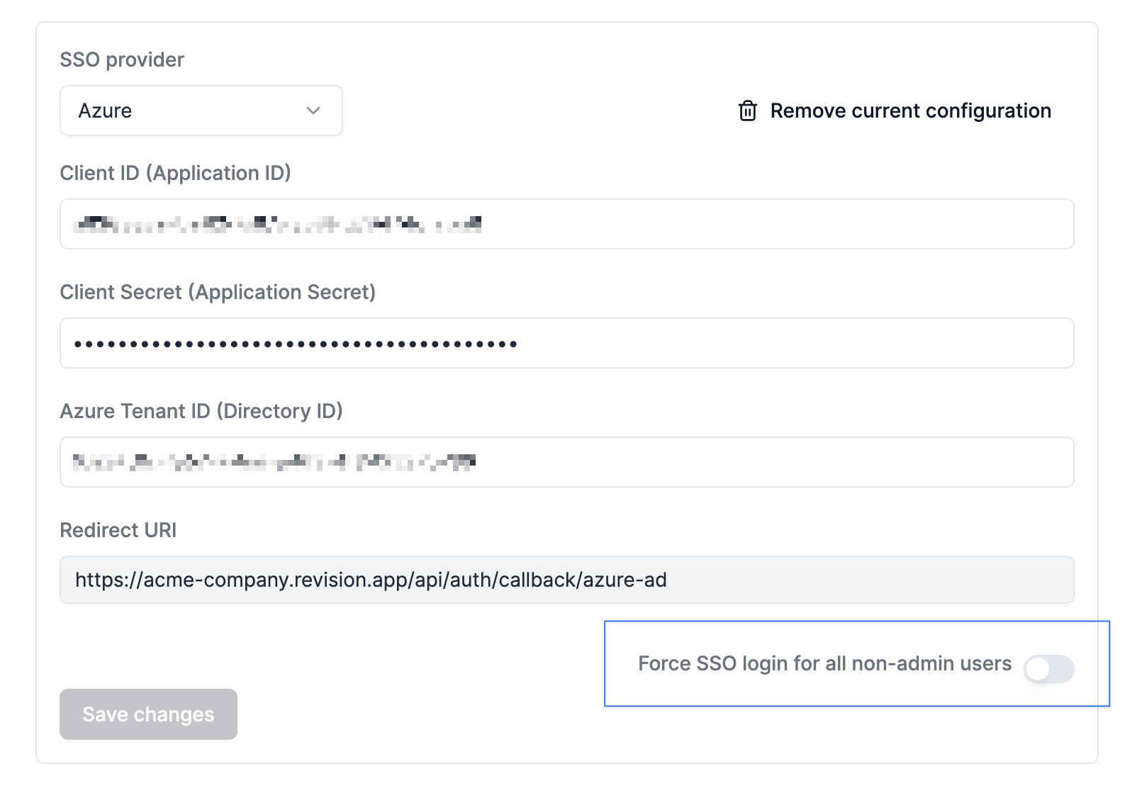 Force SSO login checkbox setting in Revision security configuration